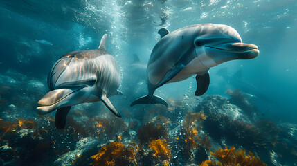 Pair of Amazon Tucuxi Dolphins swimming in unison, their streamlined bodies creating ripples