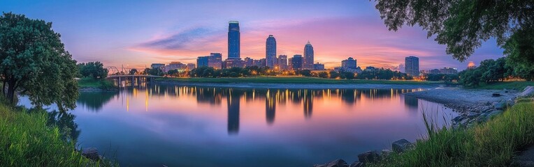 Obraz premium Breathtaking Omaha skyline at sunset reflecting on the calm river with vibrant colors filling the evening sky