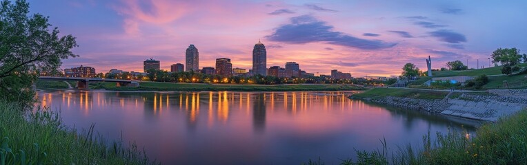 Fototapeta premium A tranquil evening in Omaha with a vibrant sunset reflecting over the river and city skyline illuminated by warm lights