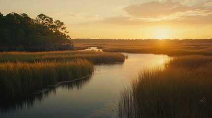 Fototapeta premium A tranquil sunset over the marshlands at Capers Island, showcasing golden grasses and serene waters reflecting the evening light