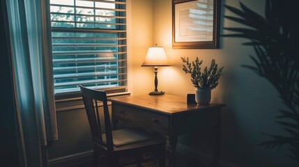 Fototapeta premium Cozy Home Office Desk with Lamp and Window