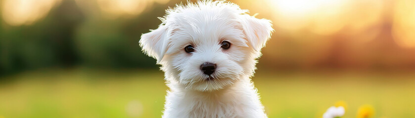 Adorable white puppy sitting in a lush green field, bathed in warm golden sunlight, capturing a moment of innocence and joy.