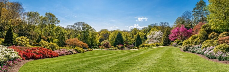 Naklejka premium A peaceful day in the lush gardens showcasing vibrant flowers and trees under blue skies during springtime tranquility
