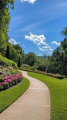 Obraz premium A winding pathway through vibrant gardens under a bright blue sky on a sunny day