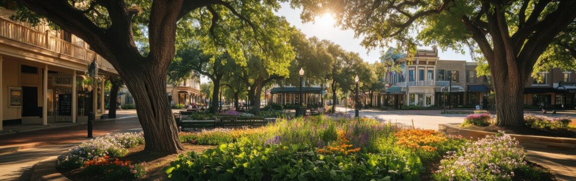 A tranquil afternoon in the historic town square with blooming flowers and shaded trees near local shops