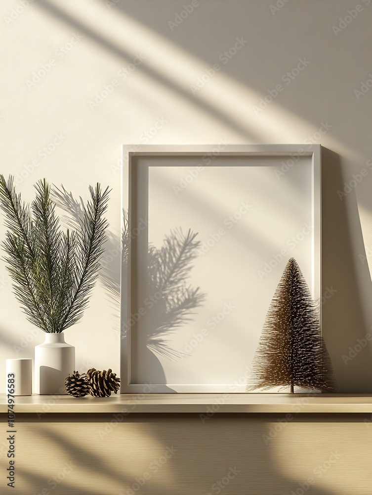 Poster sunlit minimalist christmas decor with rustic tree and pinecones on wooden shelf : generative ai