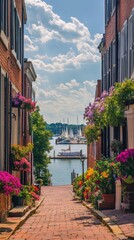Fototapeta premium A picturesque view of a charming waterfront town with vibrant flowers and sailing boats in the background on a sunny day