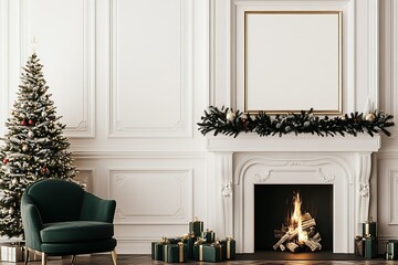 Fototapeta premium Luxurious Holiday Interior with Christmas Tree and Fireplace Creating a Warm Hug of Festive Decor : Generative AI