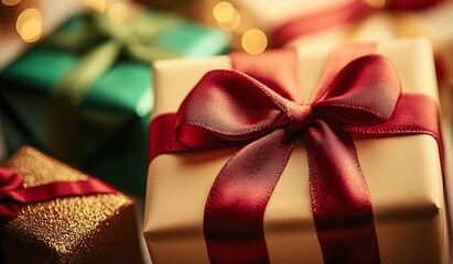 Beautifully Wrapped Christmas Gifts with Rich Red Satin Ribbons in Warm Holiday Setting : Generative AI