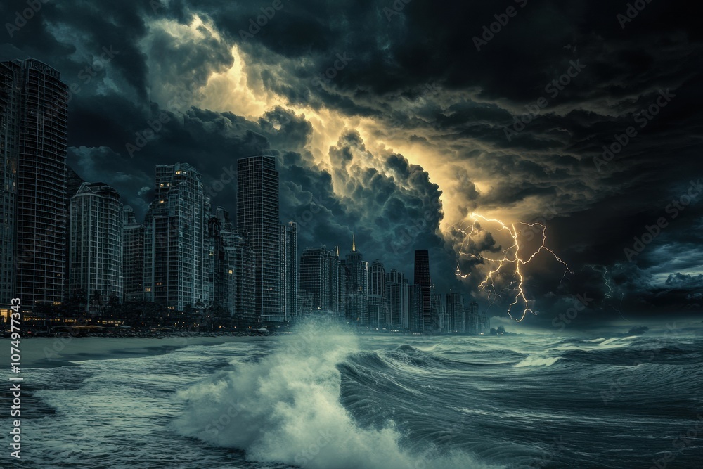Aufkleber dark clouds gather over a coastal city as lightning strikes illuminate the stormy skyline and waves 