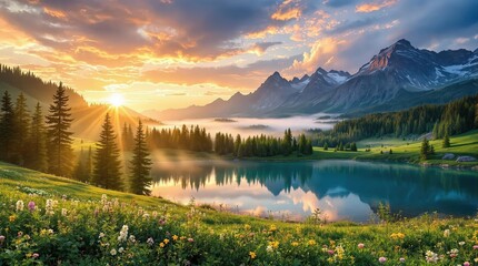 Serene sunrise landscape with vibrant wildflower meadow, tranquil lake, misty reflections, evergreen forests, majestic mountains, and colorful sky.