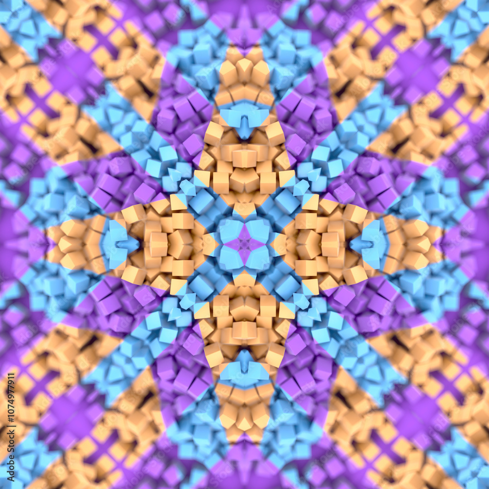Poster Symmetrical kaleidoscopic pattern composed of small multicolored cubes. 3d rendering digital illustration