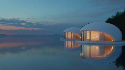 Two white domes with windows on the side sit on the water