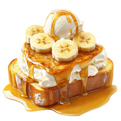 Honey Toast Delight: A delectable illustration of a double-stacked french toast, generously topped with vanilla ice cream, a banana slice, and a drizzle of golden syrup.