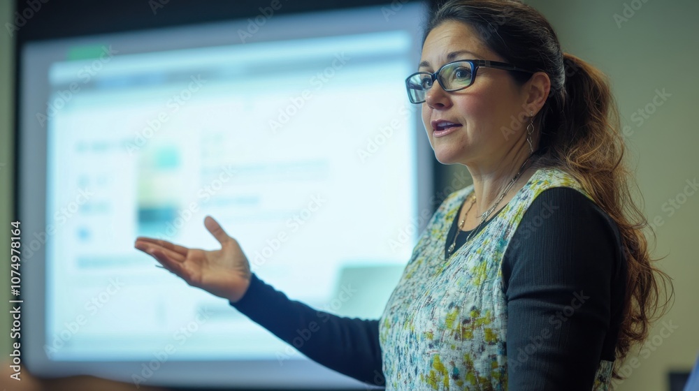 Poster a professional woman conducts a presentation on innovative strategies in a modern office setting dur