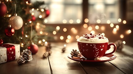 Fototapeta premium Red Holiday Mug on Rustic Table with Pinecones and Christmas Decor Lights : Generative AI