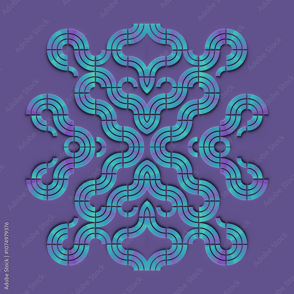 Aufkleber Symmetrical pattern of intertwined swirling shapes with a neon gradient. 3d rendering digital illustration