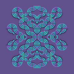 Symmetrical pattern of intertwined swirling shapes with a neon gradient. 3d rendering digital illustration
