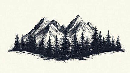 Hand-Drawn Ink Illustration of Mountains and a Forest