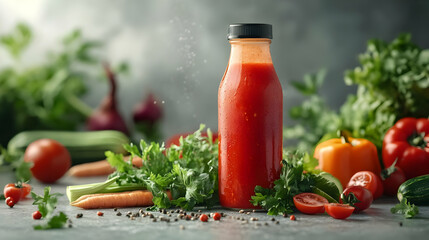 Freshly prepared vegetable juice bottle surrounded by vibrant veggies, showcasing healthy and delicious ingredients.