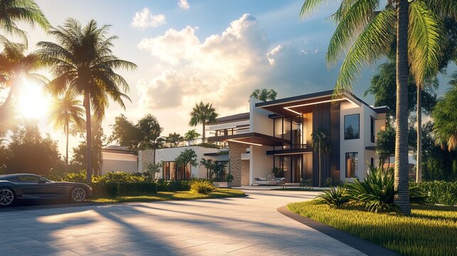 Luxurious modern villa with sleek architecture nestled among lush palm trees, bathed in warm sunset light. Tropical paradise meets contemporary design in this idyllic residential scene.