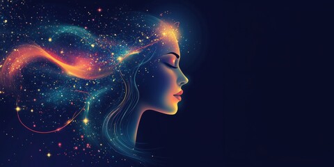 Naklejka premium Cosmic woman silhouette with starry hair, vibrant colors, ethereal beauty
