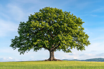 A majestic oak tree stands alone in a vibrant green field under a clear blue sky, symbolizing strength and nature's beauty.