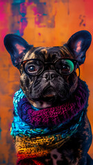 Stylish French Bulldog in Colorful Sweater and Glasses