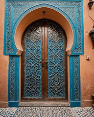 Antique Moroccan wooden door with intricate Islamic geometric patterns, aged turquoise paint, and ornate metal accents, capturing traditional craftsmanship and historic architecture in a rustic old
