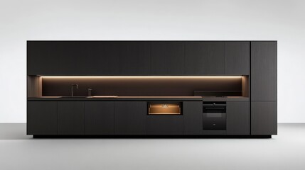 Obraz premium Minimalist Modern Kitchen Design with Black Cabinets and Warm Lighting