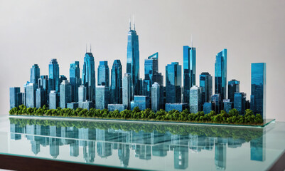 A miniature cityscape model on a table with a reflective surface