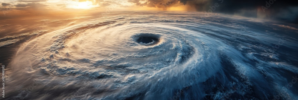 Poster a large hurricane develops in the open ocean near sunset, with strong winds and dramatic cloud forma