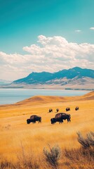 Obraz premium Bison grazing in golden grasslands with stunning mountain and lake views in the late afternoon sun