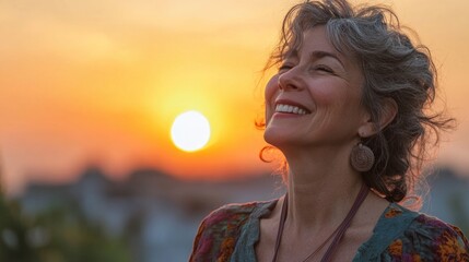 Charismatic, confident mature woman stands outside, radiating positive energy and zest for life. Her warm smile and engaging presence embody passion and joy, celebrating vitality and wisdom 