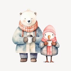 Winter couple, animal watercolor illustration