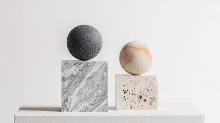 A Study in Balance and Contrast: Two Spheres on Marble and Porous Stone Pedestals. Explore themes of minimalism, form, and texture in this modern still life composition.