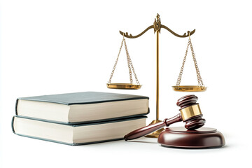 Legal scales and gavel with law books on white background illustrating justice and the legal system. Generative AI