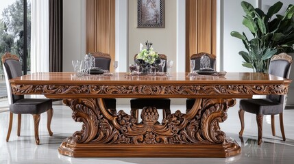 Elegant wooden dining table with intricate carvings and luxurious chairs set in a modern interior, showcasing fine craftsmanship and sophisticated design.