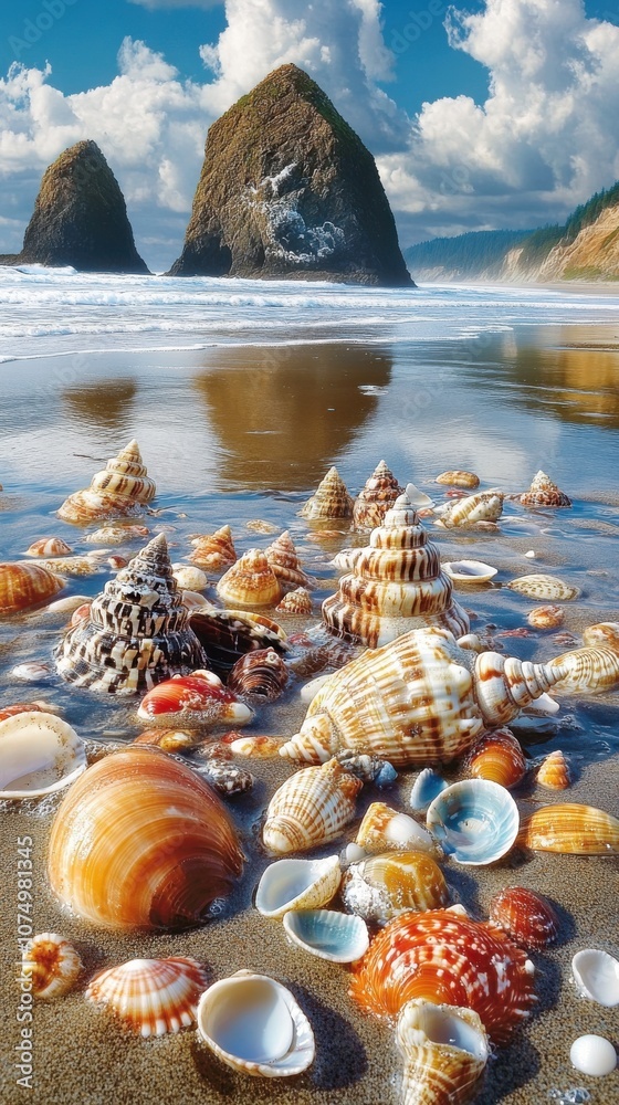 Poster A tranquil view at Haystack Rock with colorful shells scattered on the sandy beach during a calm afternoon