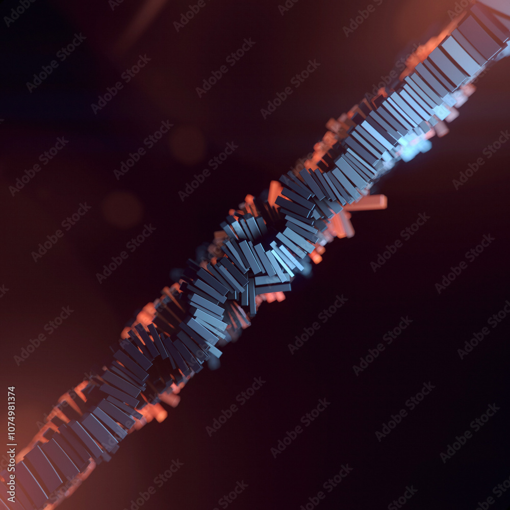 Poster Shiny metallic rectangular elements with soft orange light in the shape of a diagonal line. 3d rendering illustration