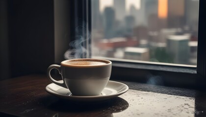 Fototapeta premium A steaming hot cup of coffee on a rainy day, with a blurred cityscape visible through the window