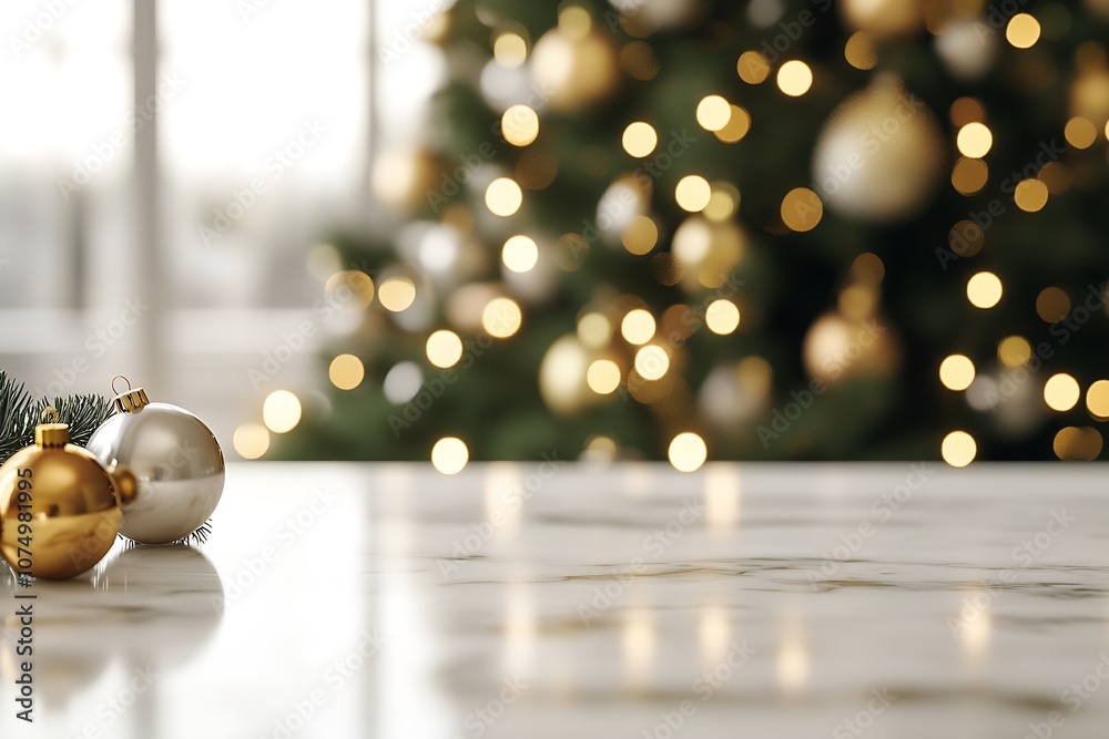 Poster golden and silver christmas ornaments with bokeh tree lights creating a festive holiday scene : gene