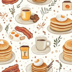 Delicious breakfast foods pattern featuring pancakes, eggs, bacon, coffee, and syrup in a whimsical design ideal for morning dining inspiration