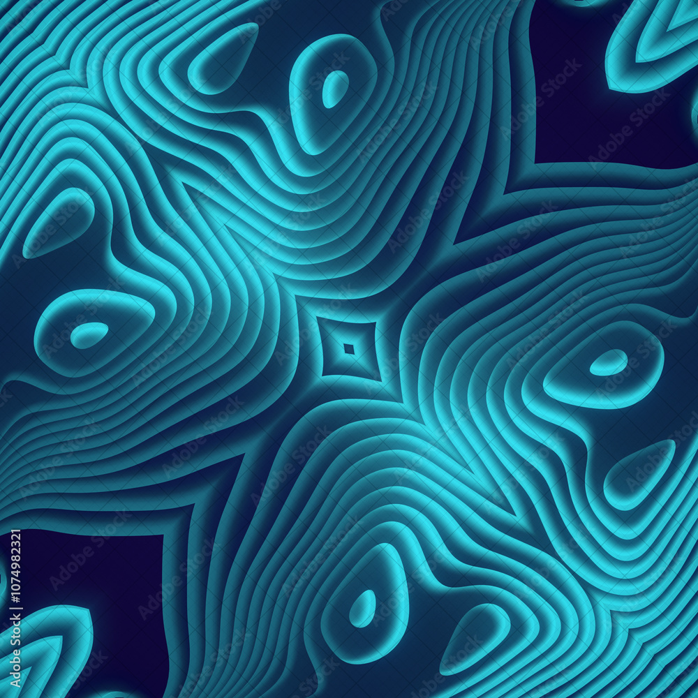 Poster Interlaced complex symmetrical wave pattern in blue color. 3d rendering illustration