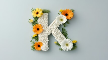 A flower arrangement from a top view in the shape of the letter K, bright and bold petals with soft shadows, Photorealistic