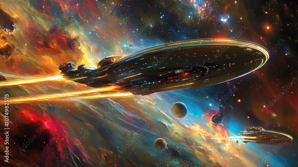 Poster a stunning panoramic view of a futuristic spaceship powered by advanced technology soaring through v