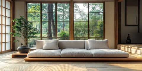 A minimalist Japanese-style living room with a large window overlooking a lush garden.
