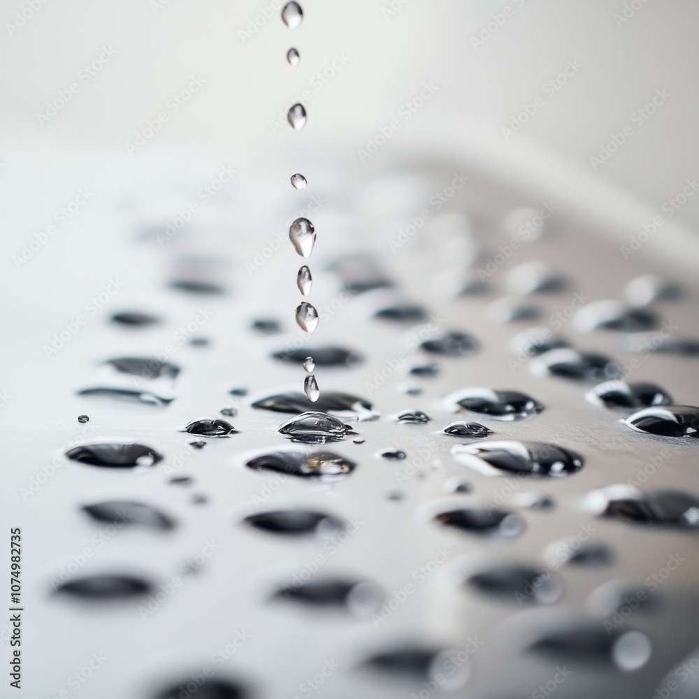 Poster Macro shot capturing water droplets rolling off a metallic surface in a serene environment during daylight hours