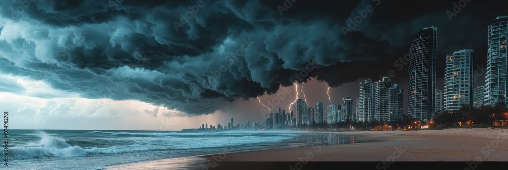 Poster Thunderous clouds loom over the city skyline while waves crash onto the beach, illuminated by bursts of lightning at twilight. Generative AI