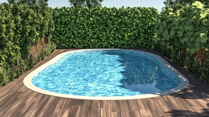 3D illustration of a contemporary pool with a natural wooden deck and vibrant green bush fence, creating a secluded outdoor space